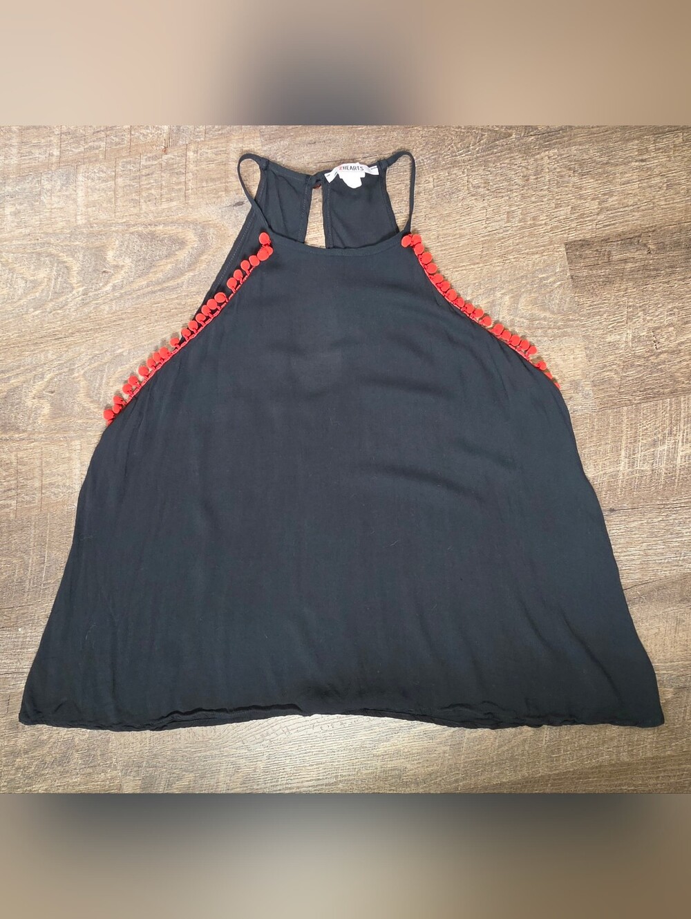 Y2K Vintage Halter Swing Tank Womens L Black w Red Pom-Trim Dark Boho Lightweigh - Picture 6 of 9